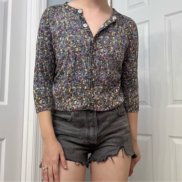 St. John SoCa Knit Blouse Top Button Up Colorful Wool Ribbed Luxury Size Small - Picture 7 of 7